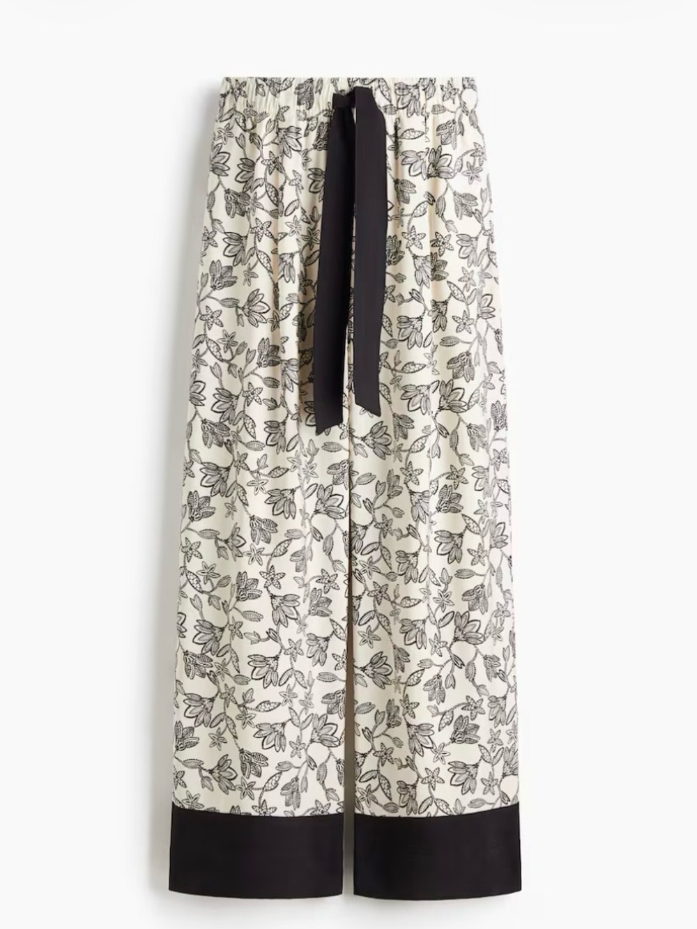 H&M Cream Wide-Leg Floral Pants with Black Trim